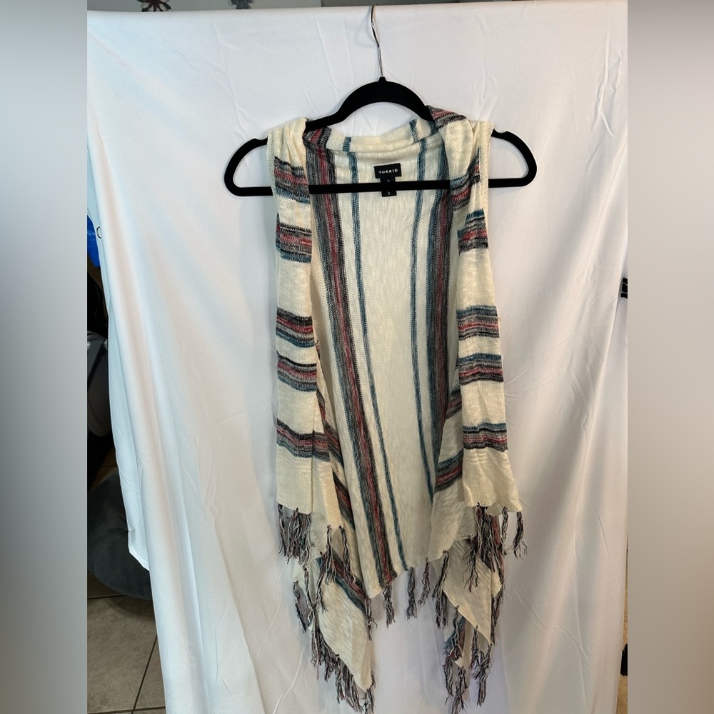 Torrid Striped Fringe Aztec Boho Western Open Front Cardigan Vest  Women's 0